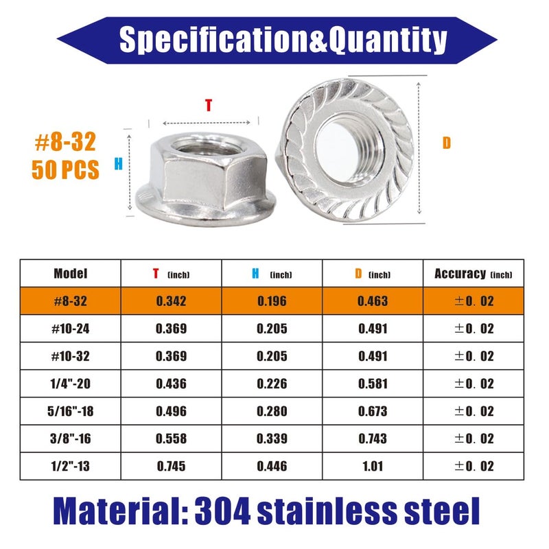 STORMCUBE #8-32 Serrated Flange Nuts 50 Pack 304 Stainless Steel Hex Lock Nuts Full Thread for Industrial Construction Fasteners - Image 2